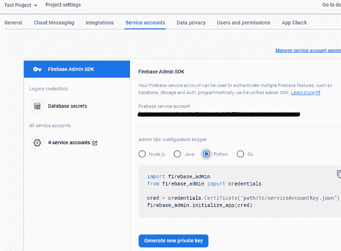 Firebase Service Account Private Key Generation